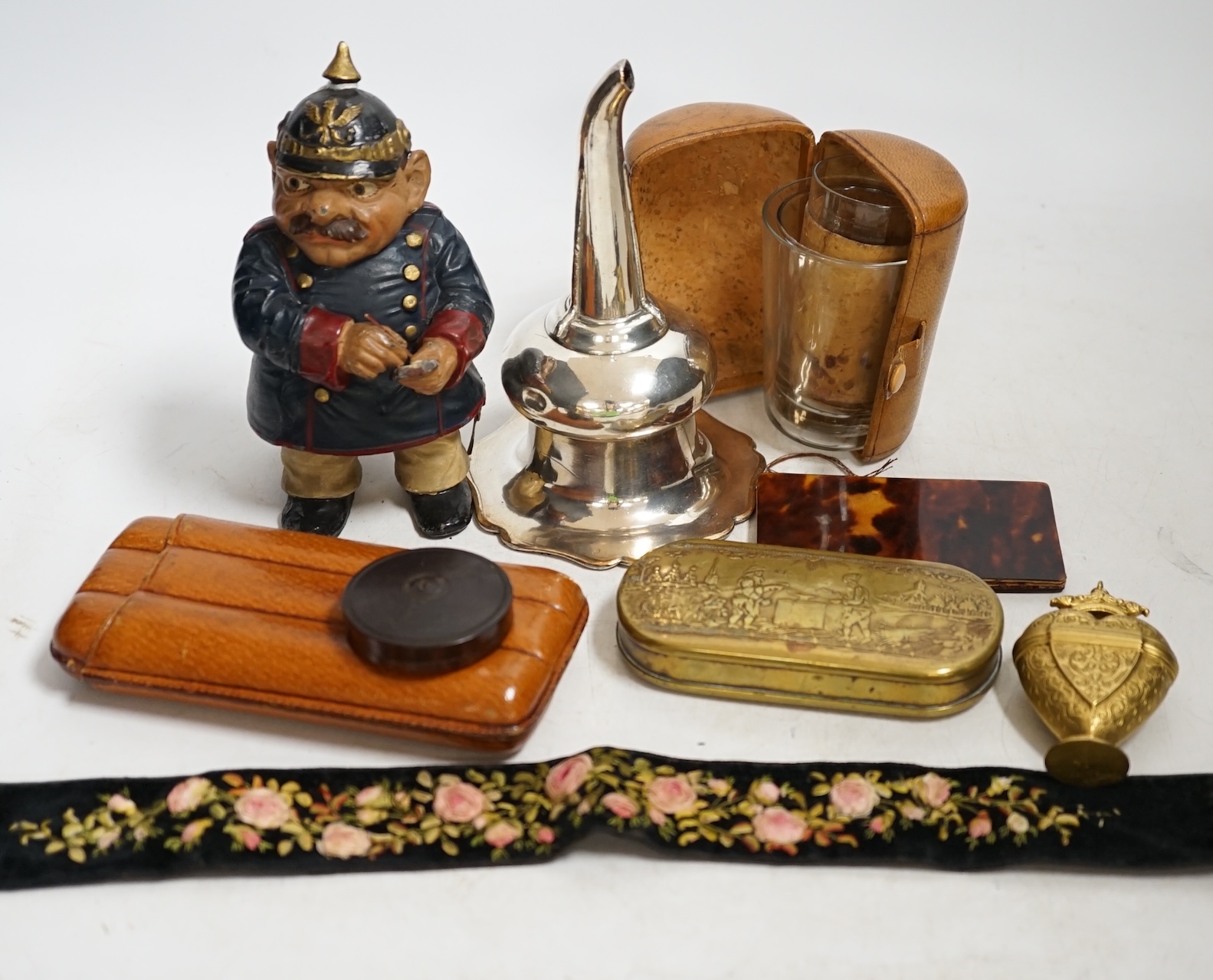 Sundry items to include a gilt metal heart shaped vinaigrette, a tobacco box, a plated wine funnel, etc. Condition - mostly fair